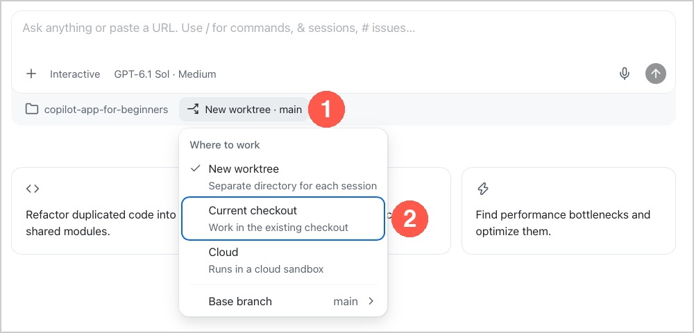 Where to work menu with callouts for the workspace selector and Current checkout