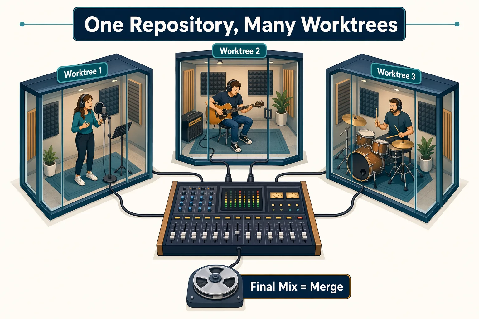 Recording studio booths analogy for worktrees and focused context