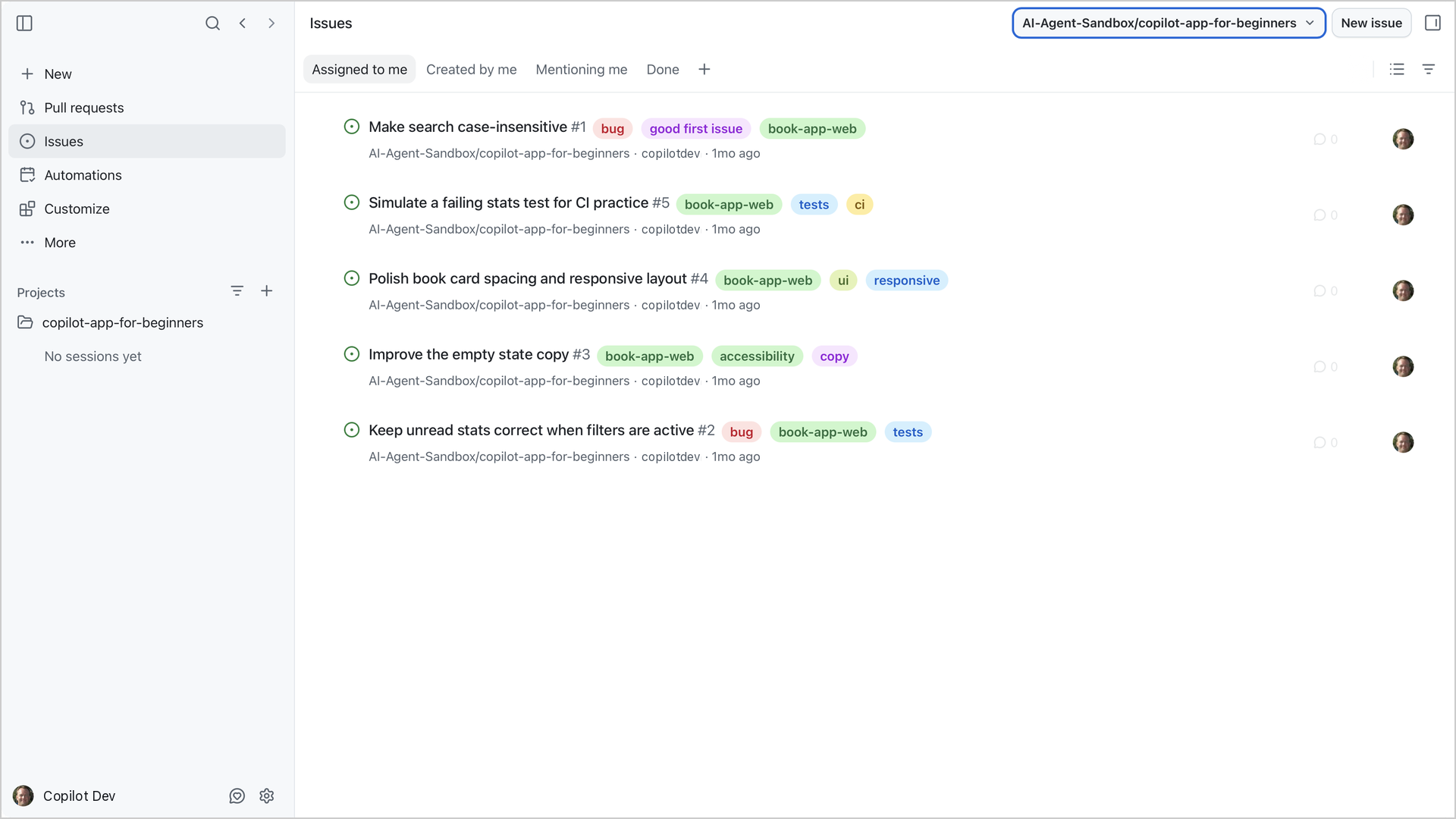 Issues view filtered to the course repository