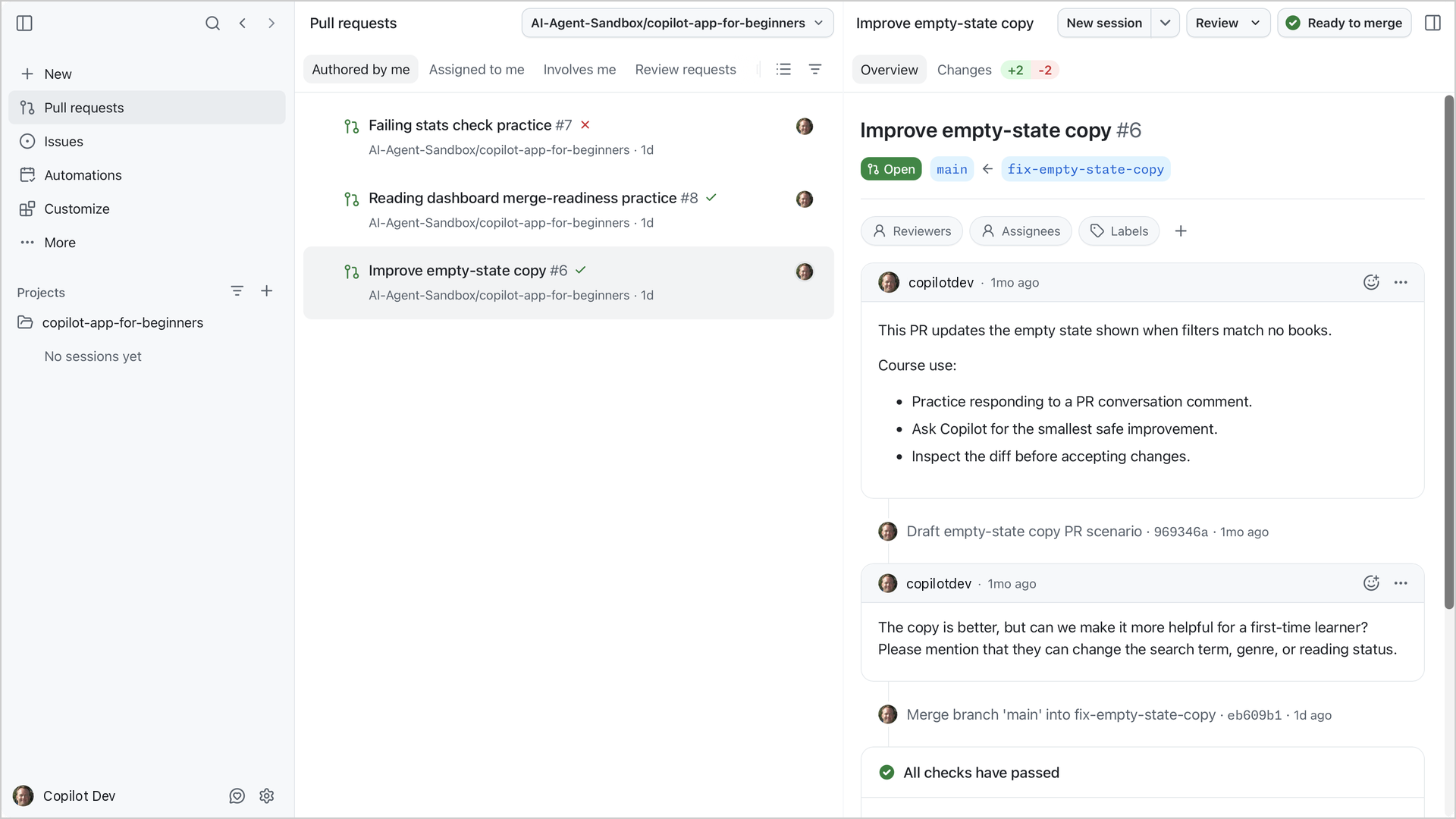 Pull request conversation with the empty-state copy comment